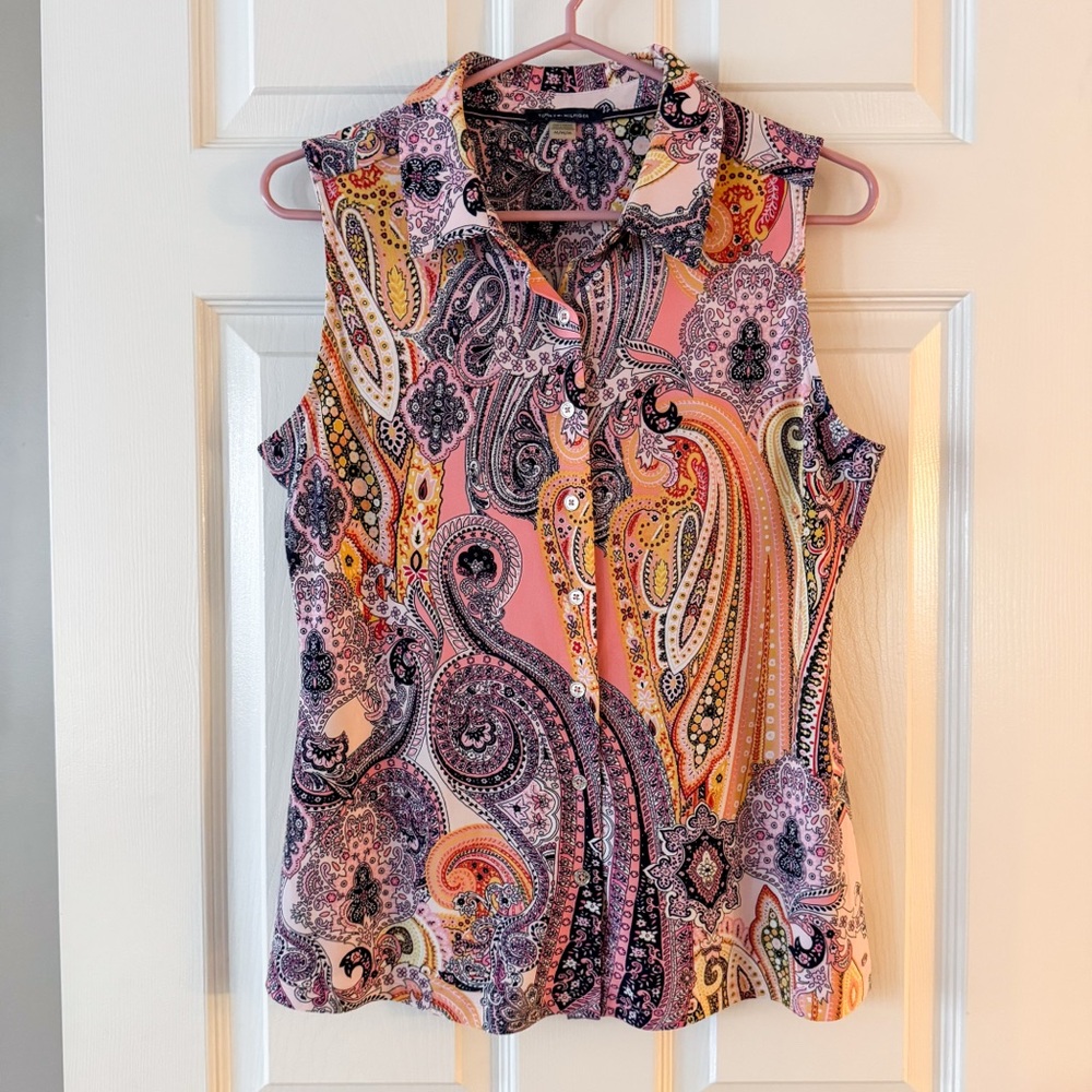 Tommy H Paisley Sleeveless Blouse - Pink and Orange